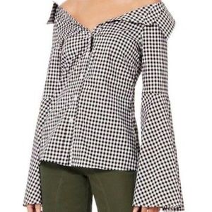 Caroline Constas checked off shoulder shirt